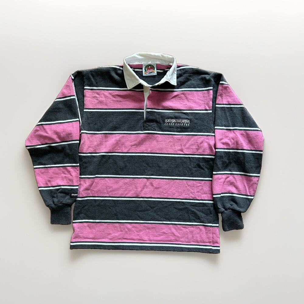 Barbarian Rugby Shirt Mens Medium Long Sleeve Cotton Pink Grey Stripe Lehigh VTG
